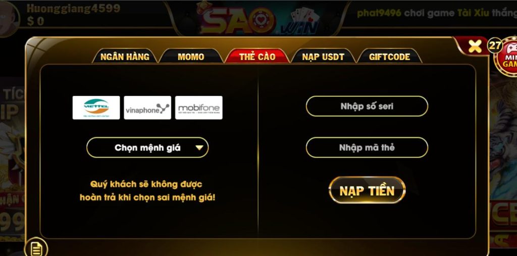 Nạp tiền Saowin